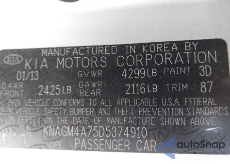 2013 Kia Optima Lx z USA, uszkodzony, nr VIN KNAGM4A75D5374910